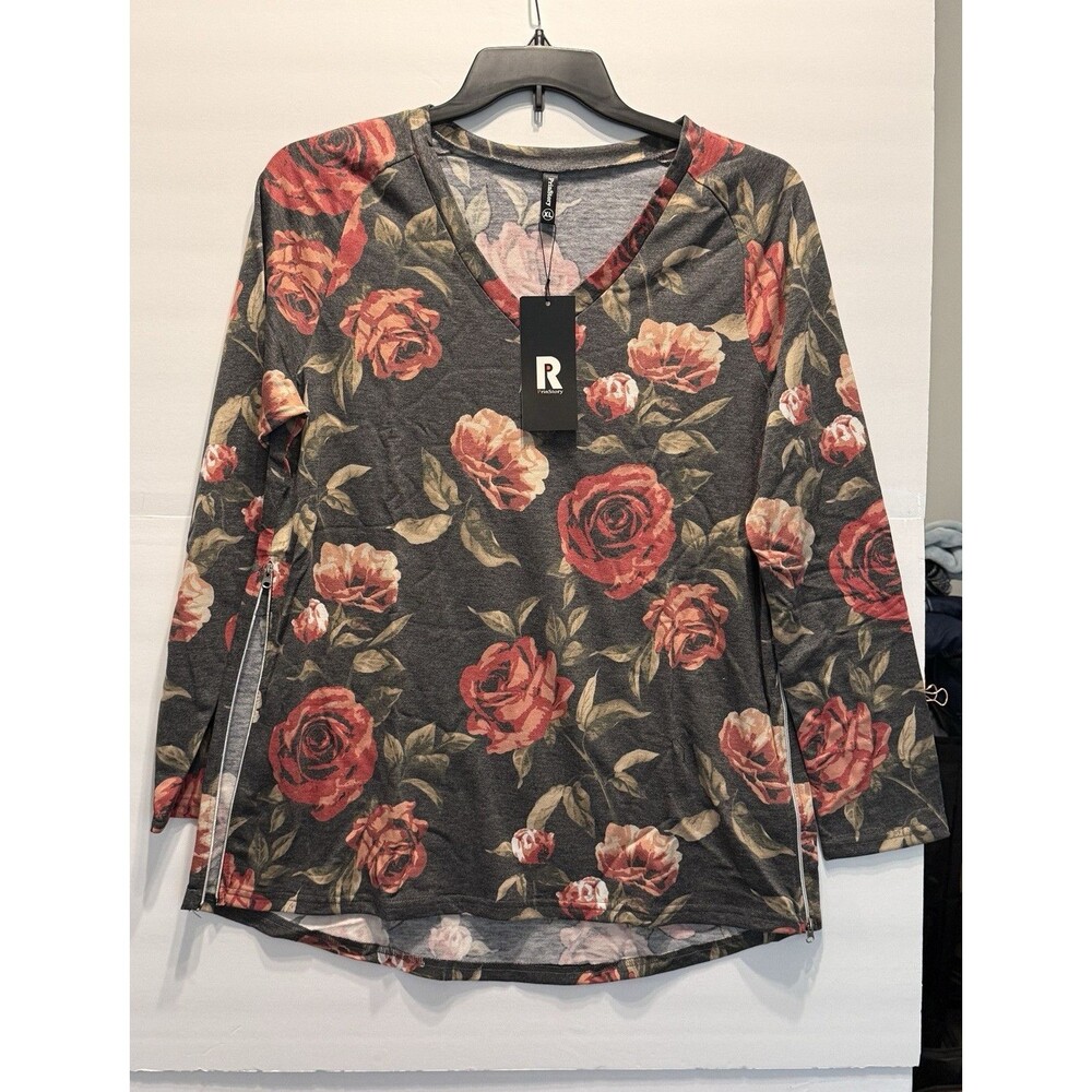 PrinStory Women's XL Gray Knit V-Neck Floral Long Sleeve Pullover Top